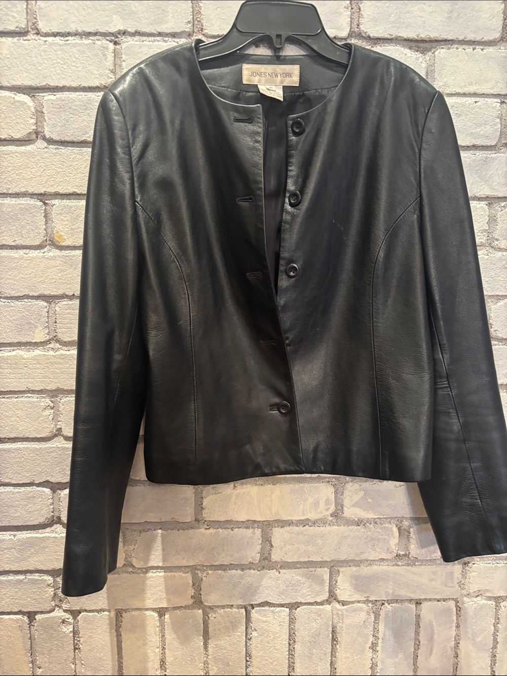 Vintage 90s Jones New York Black Genuine Leather Collarless Jacket Blazer